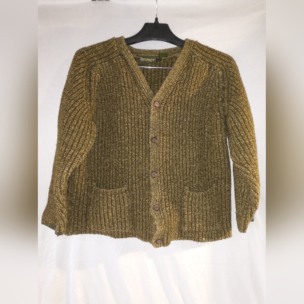 Timberland Womens Weathergear Cardigan Sweater Olive Silk Wool Chunky Large
